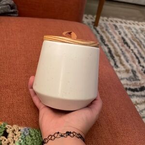 Small jar with wooden lid and faux leather handle